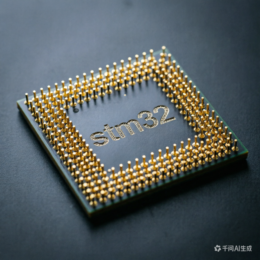 Close-up of an STM32 microchip with gold contact pins